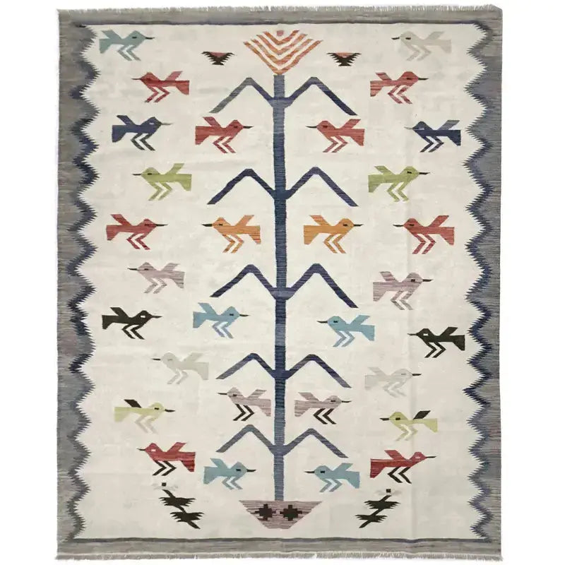 Beige Pakistani Embroidery Kilim Rug 8' 8" x 11' 10" Flat-Weave | No. AL746654