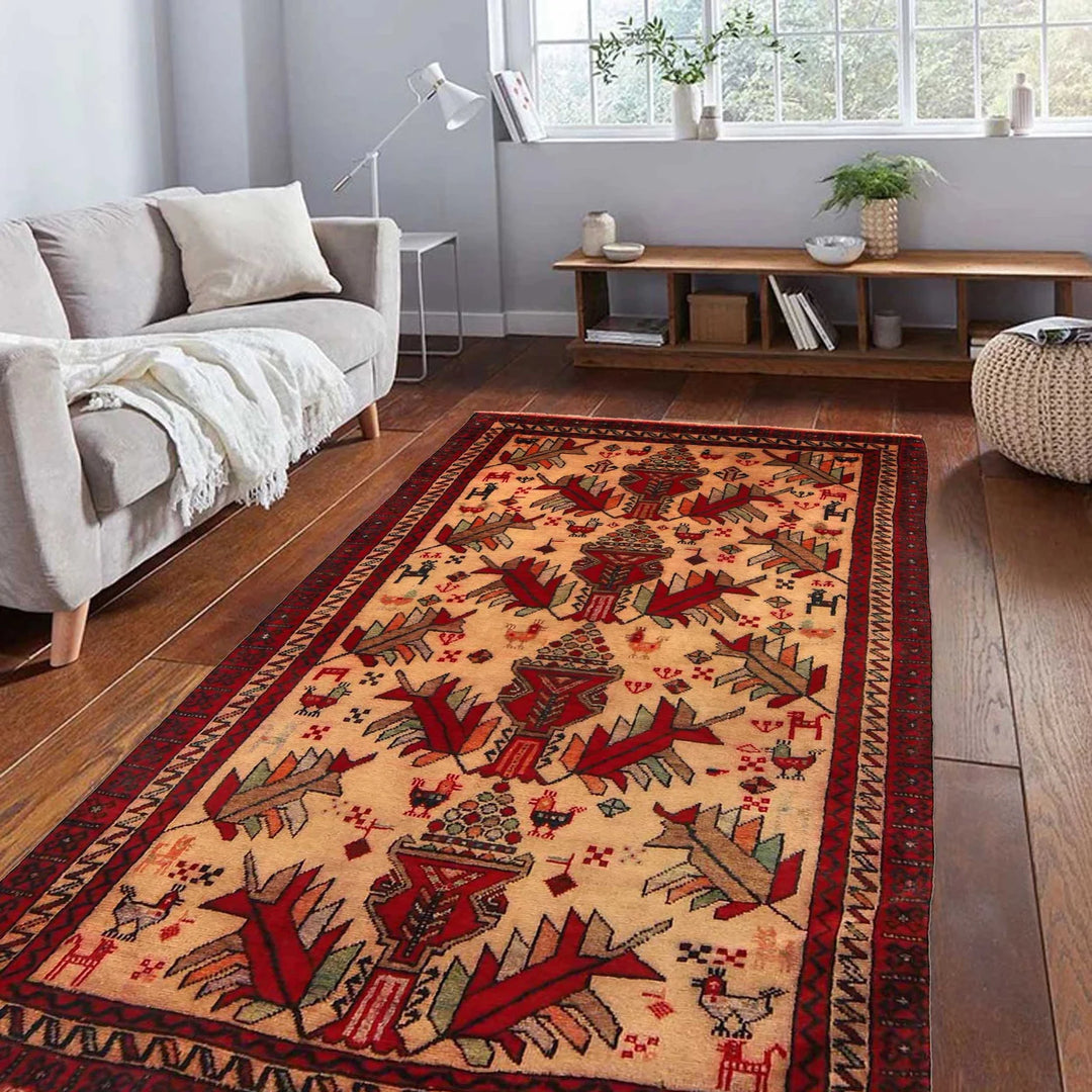 Beige Afghan Baluchi Rug 3' 1" x 5' 7" Hand-Knotted | No. AL74750
