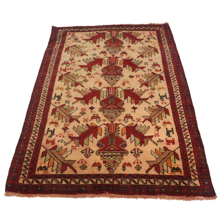 Beige Afghan Baluchi Rug 3' 1" x 5' 7" Hand-Knotted | No. AL74750