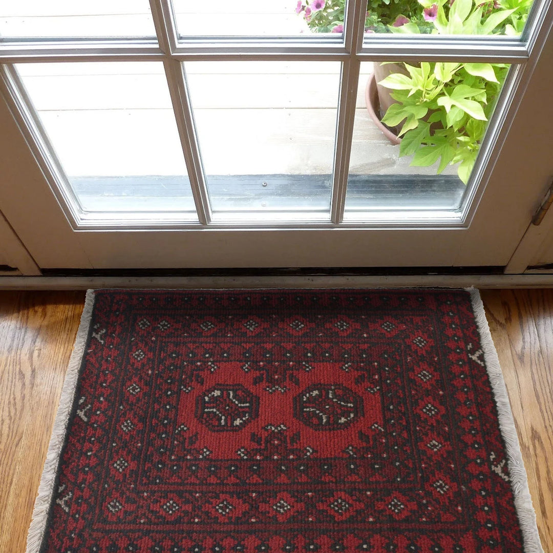 Red Afghan Oriental Doormat 1'7" x 2'2" Hand-Knotted | No. AL74893
