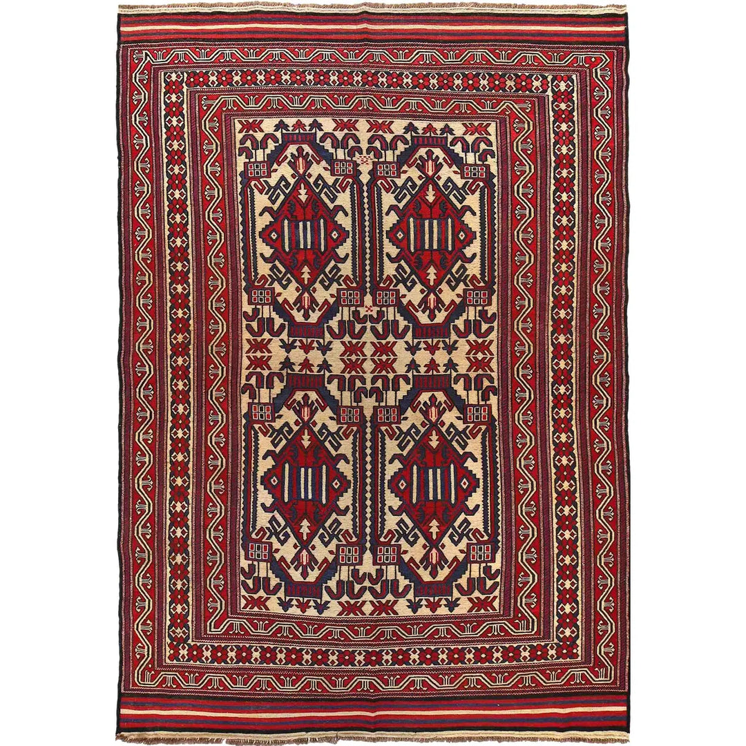 Beige Afghan Saghari Rug 6' 11" x 9' 8" Flat-Weave | No. AL75038