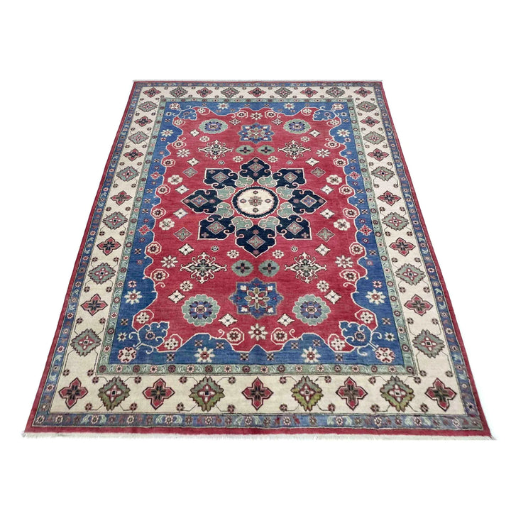 Red Afghan Kazak Rug 6' 7" x 10' 0" Hand-Knotted | No. AL75246