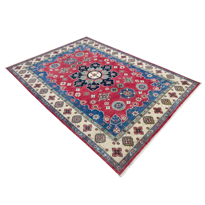 Red Afghan Kazak Rug 6' 7" x 10' 0" Hand-Knotted | No. AL75246