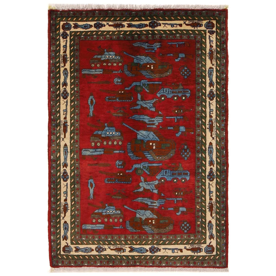 Red Afghan War Rug 3' 4" x 4' 9" Hand-Knotted | No. AL75277