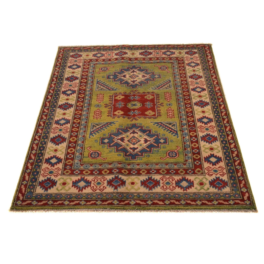 Green Afghan Kazak Rug 3' 5" x 4' 8" Hand-Knotted | No. AL75326