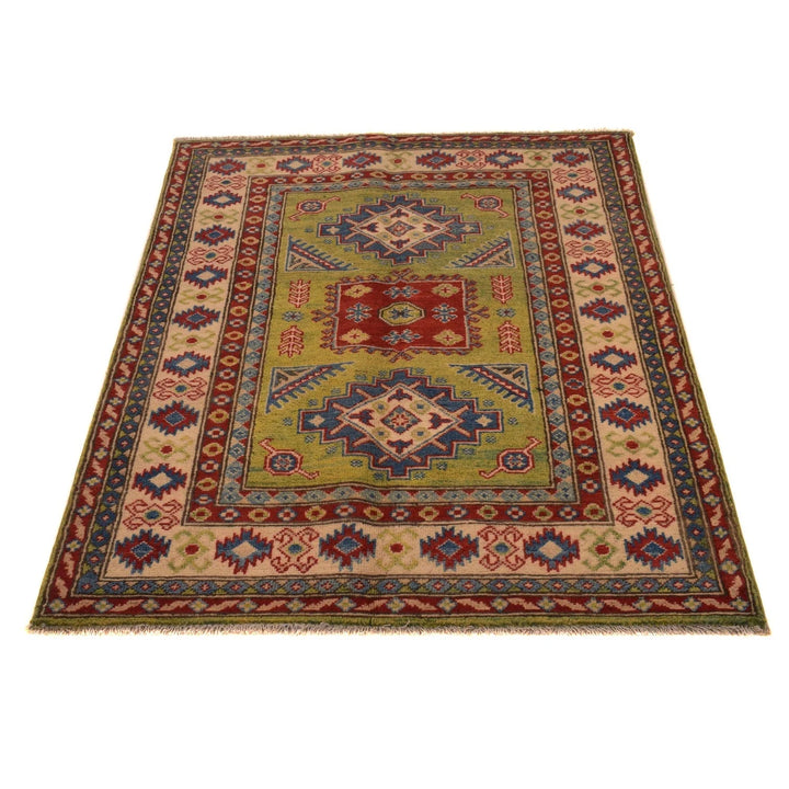 Green Afghan Kazak Rug 3' 5" x 4' 8" Hand-Knotted | No. AL75326