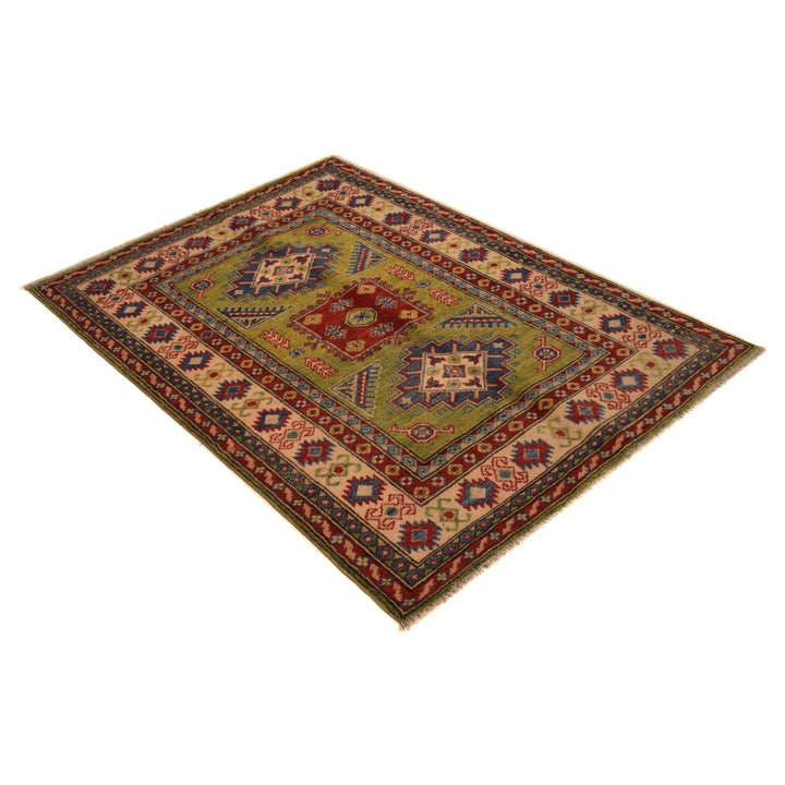 Green Afghan Kazak Rug 3' 5" x 4' 8" Hand-Knotted | No. AL75326