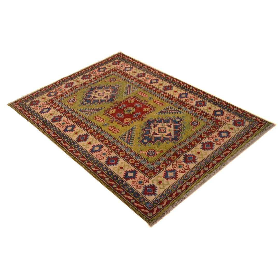 Green Afghan Kazak Rug 3' 5" x 4' 8" Hand-Knotted | No. AL75326