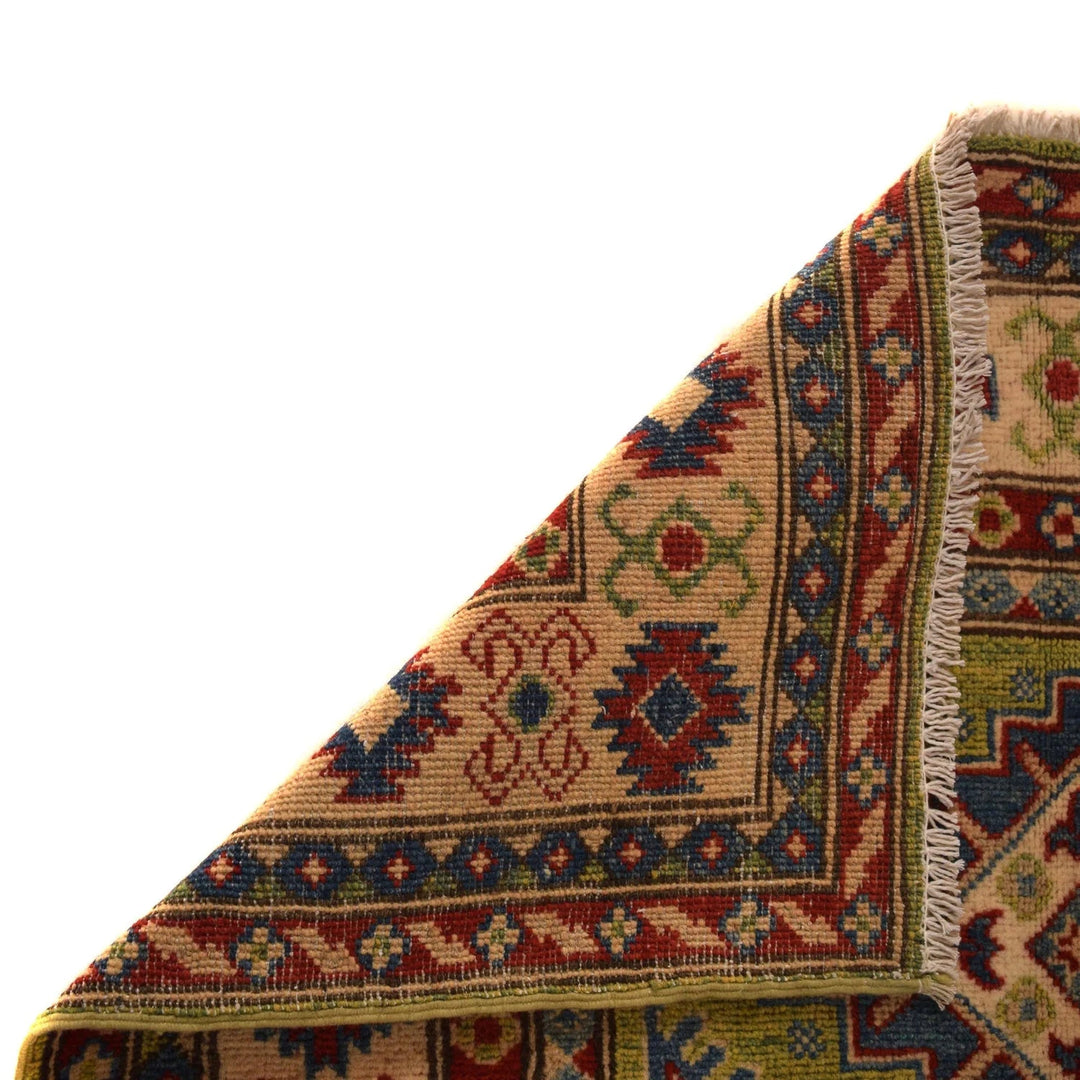 Green Afghan Kazak Rug 3' 5" x 4' 8" Hand-Knotted | No. AL75326