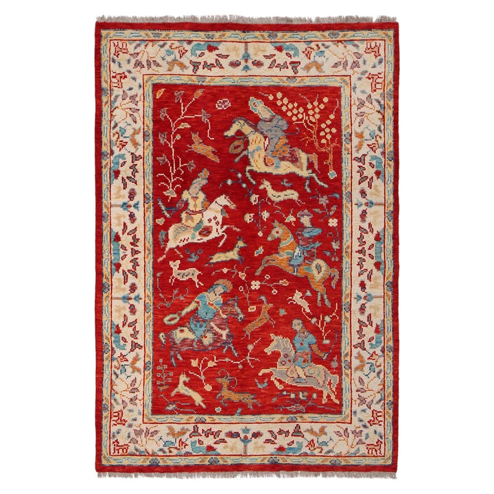 Red Afghan Pictorial Rug 4' 1" x 6' 0" Hand-Knotted | No. AL75398