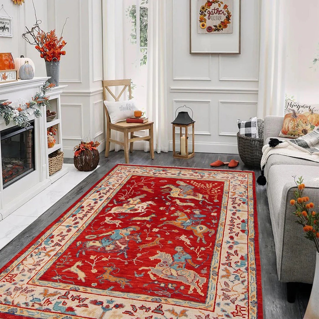 Red Afghan Pictorial Rug 4' 1" x 6' 0" Hand-Knotted | No. AL75398