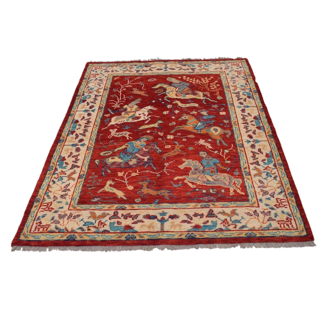 Red Afghan Pictorial Rug 4' 1" x 6' 0" Hand-Knotted | No. AL75398