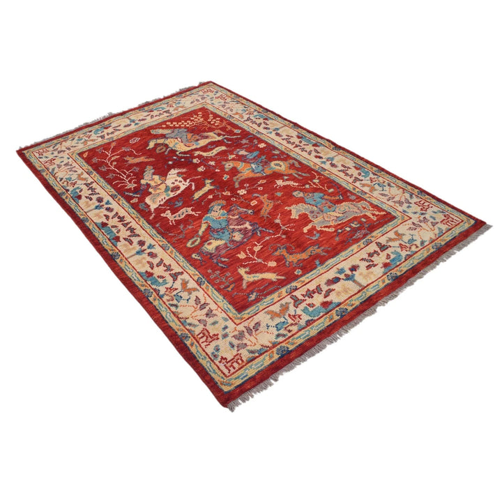 Red Afghan Pictorial Rug 4' 1" x 6' 0" Hand-Knotted | No. AL75398