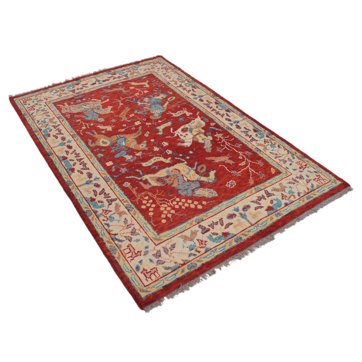 Red Afghan Pictorial Rug 4' 1" x 6' 0" Hand-Knotted | No. AL75398
