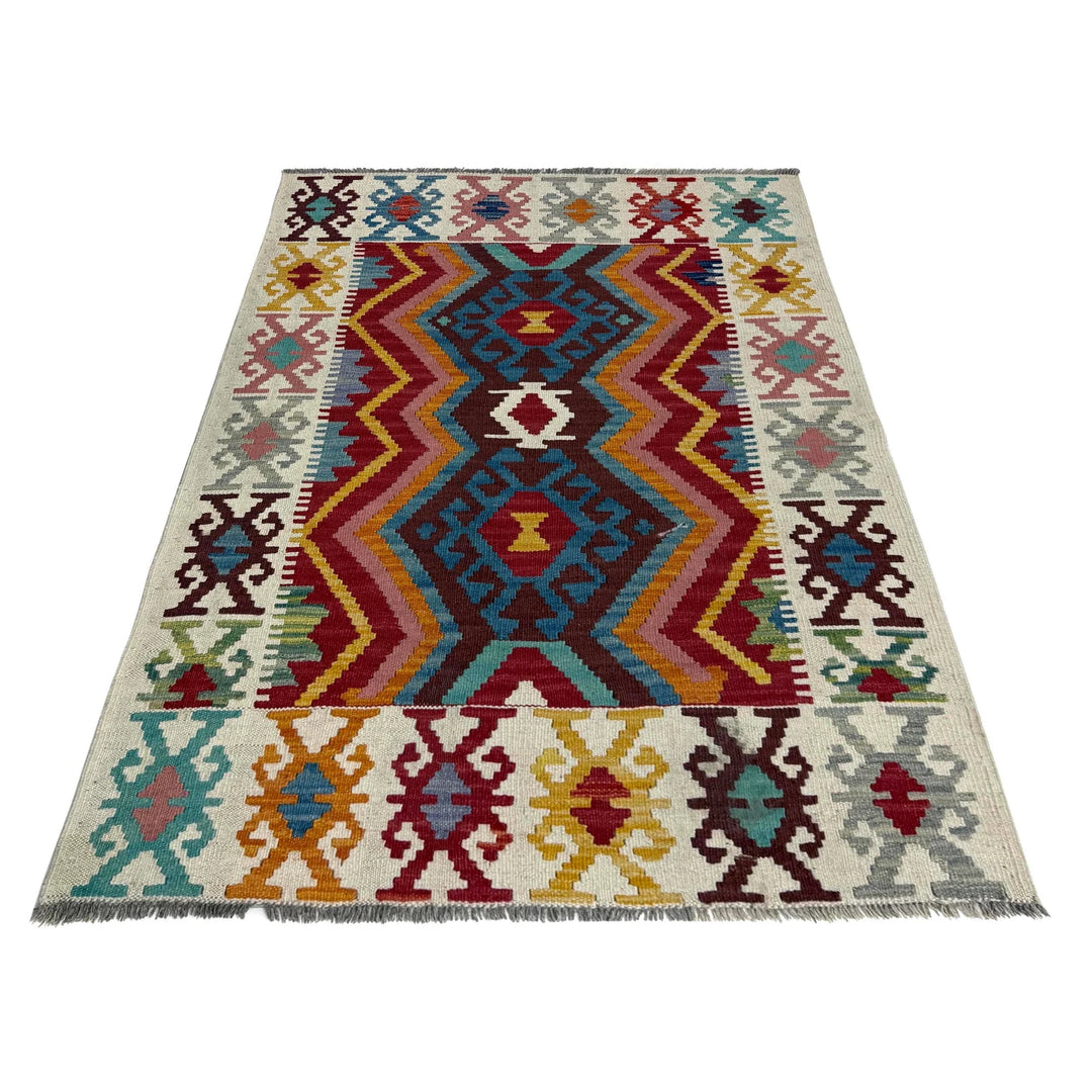 Multicolor Afghan Kilim Rug 3'5" x 4'11" Flat-Weave detail