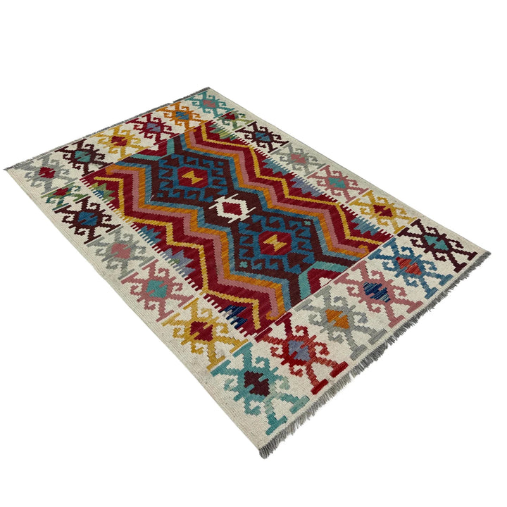Multicolor Afghan Kilim Rug 3'5" x 4'11" Flat-Weave close-up