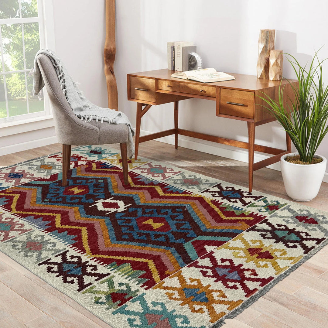 Multicolor Afghan Kilim Rug 3'5" x 4'11" Flat-Weave reverse