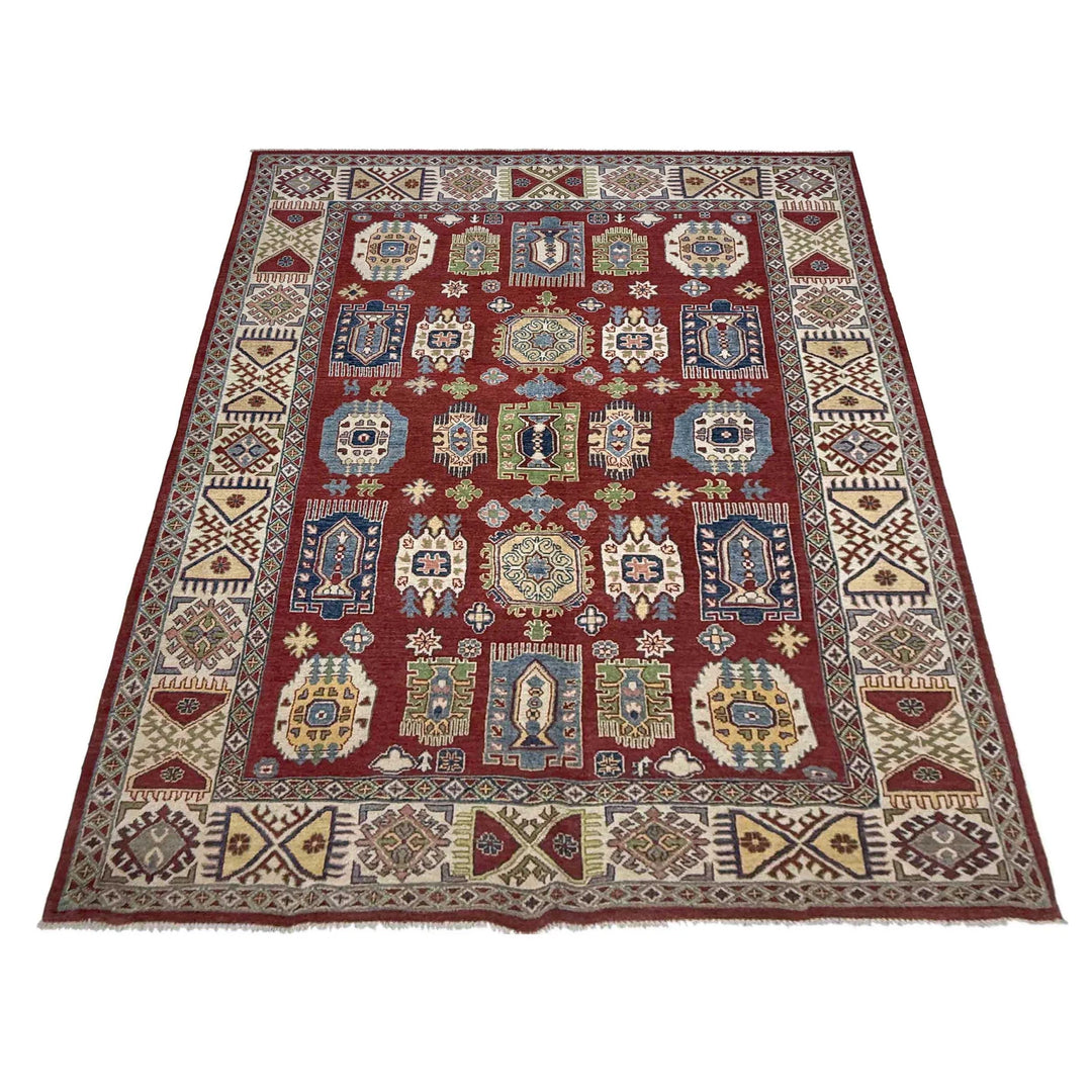 Red Afghan Kazak Rug 6' 6" x 10' 1" Hand-Knotted | No. AL75432