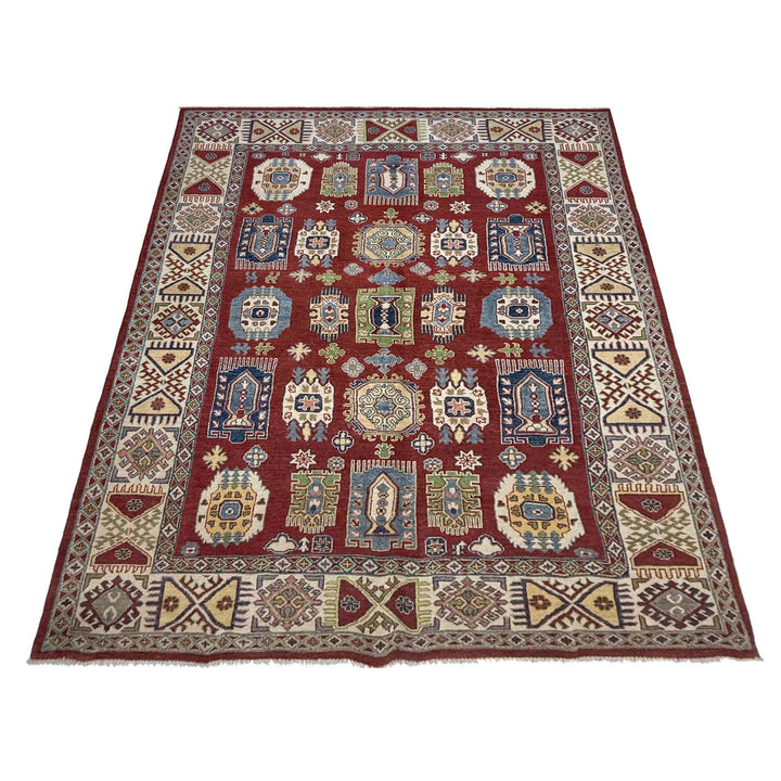 Red Afghan Kazak Rug 6' 6" x 10' 1" Hand-Knotted | No. AL75432