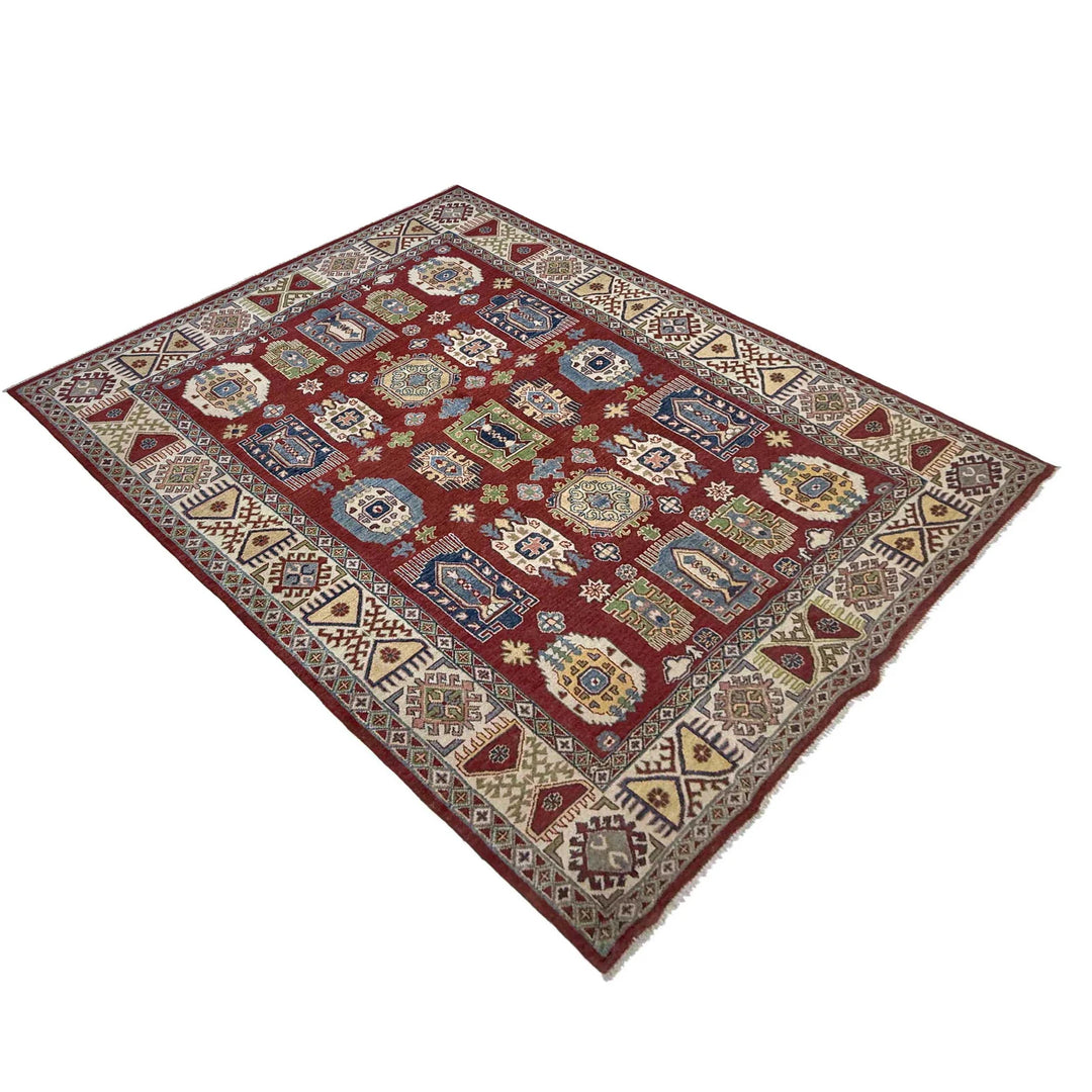 Red Afghan Kazak Rug 6' 6" x 10' 1" Hand-Knotted | No. AL75432