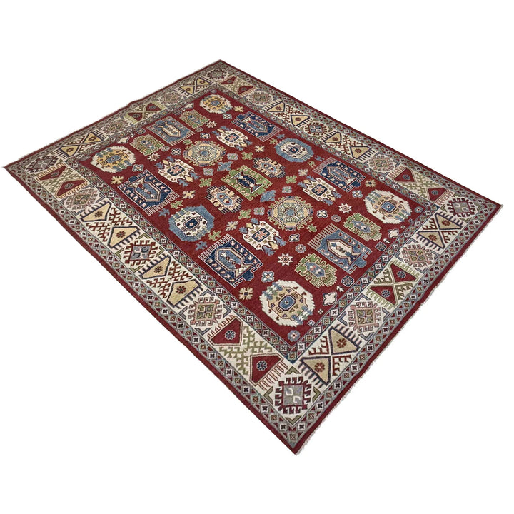 Red Afghan Kazak Rug 6' 6" x 10' 1" Hand-Knotted | No. AL75432