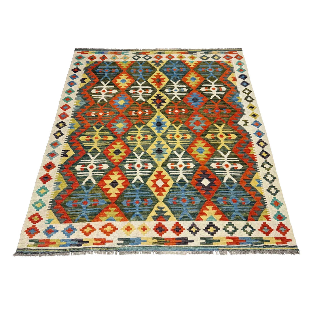 Afghan Vegetable Kilim Rug 5' 1" x 6' 7" Flat-Weave | No. AL756274