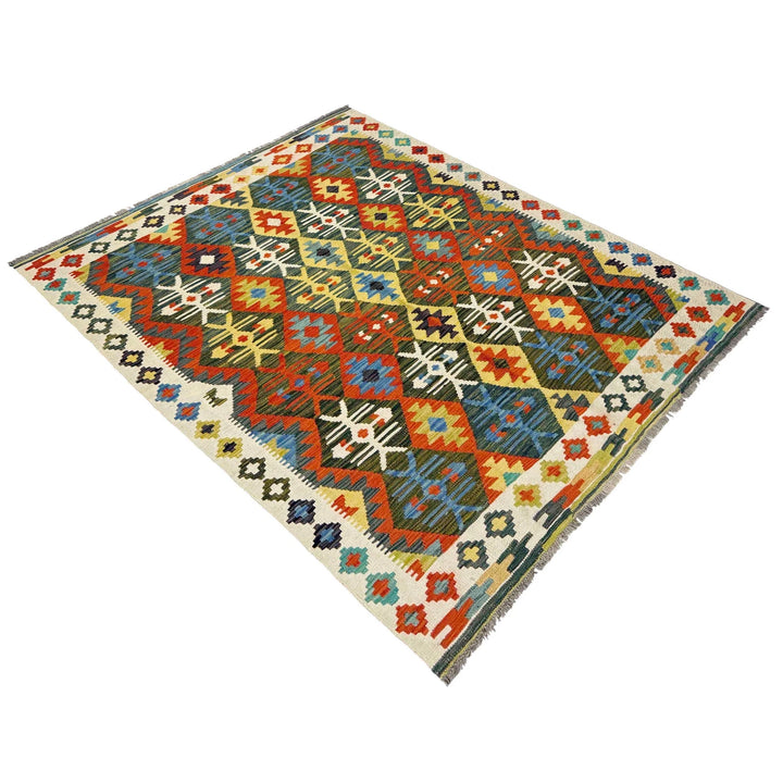 Afghan Vegetable Kilim Rug 5' 1" x 6' 7" Flat-Weave | No. AL756274