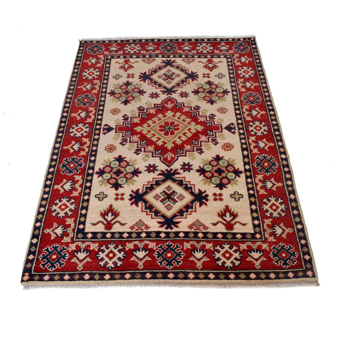 Ivory Afghan Kazak Rug 3' 3" x 4' 11" Hand-Knotted | No. AL75820