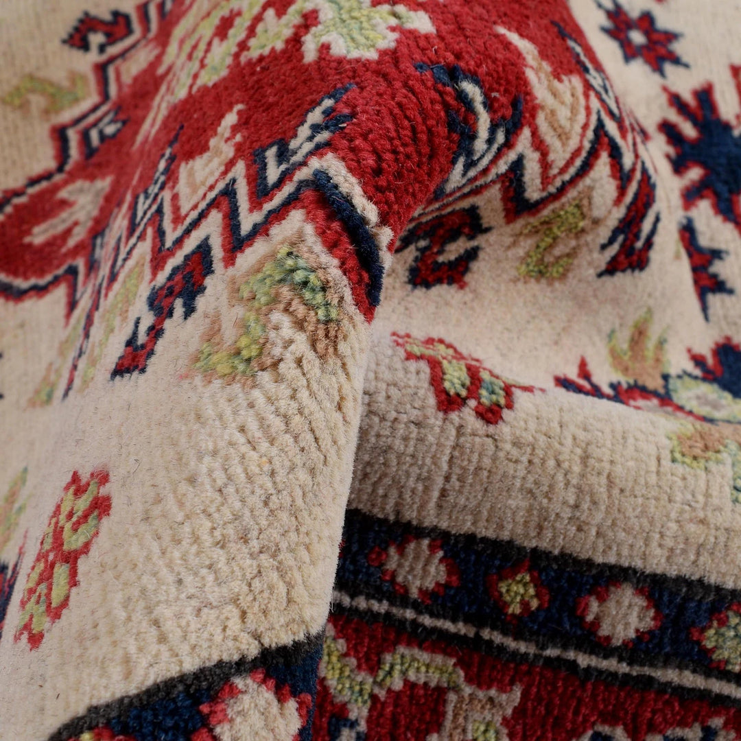 Ivory Afghan Kazak Rug 3' 3" x 4' 11" Hand-Knotted | No. AL75820