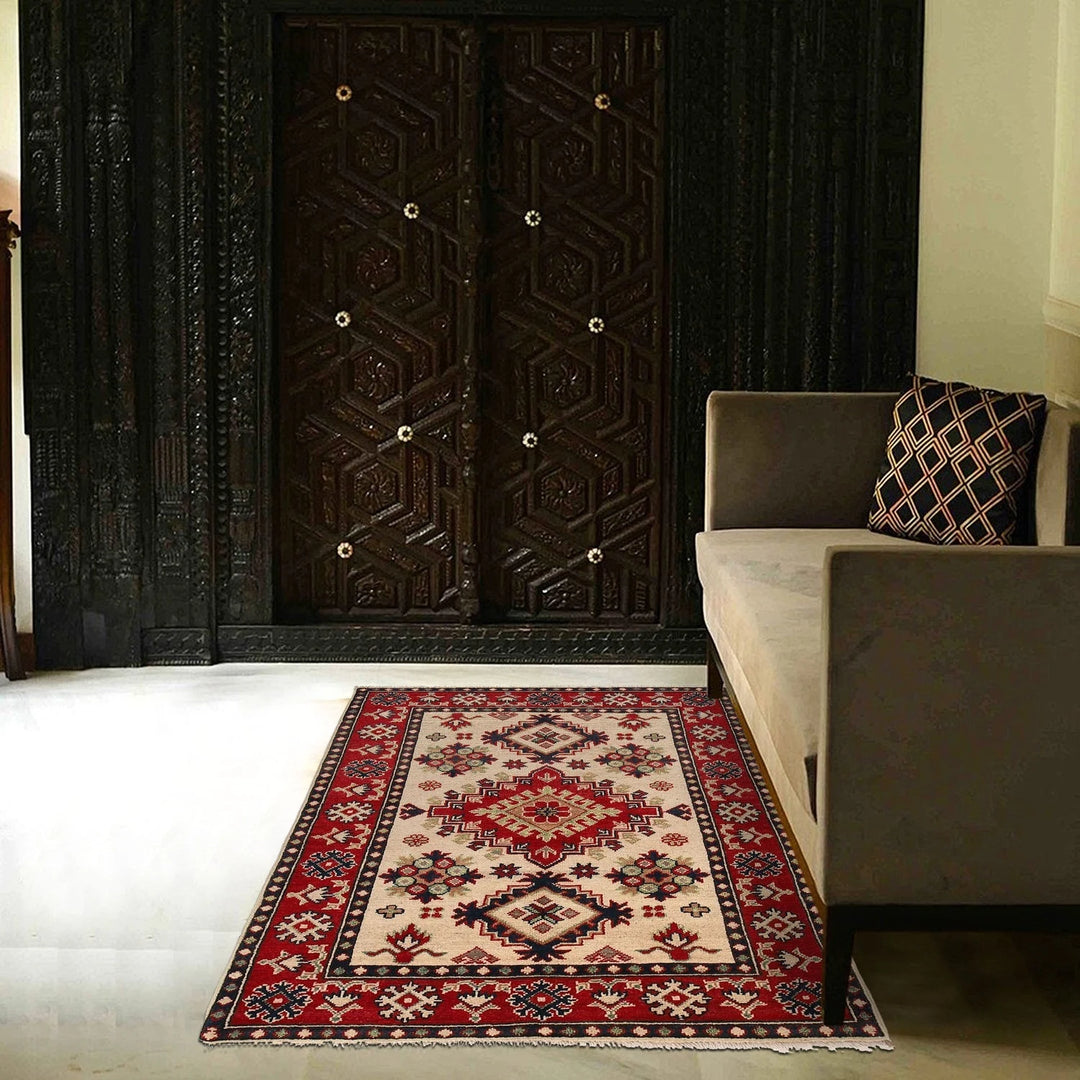 Ivory Afghan Kazak Rug 3' 3" x 4' 11" Hand-Knotted | No. AL75820