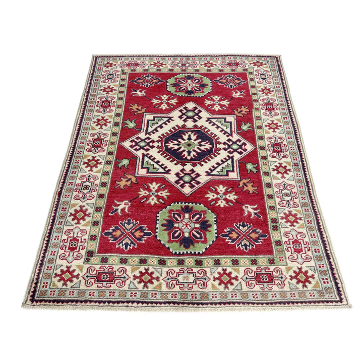 Red Afghan Kazak Rug 3' 3" x 5' 0" Hand-Knotted | No. AL75901