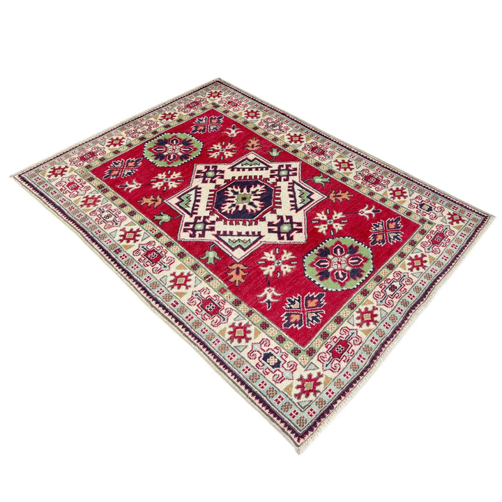 Red Afghan Kazak Rug 3' 3" x 5' 0" Hand-Knotted | No. AL75901