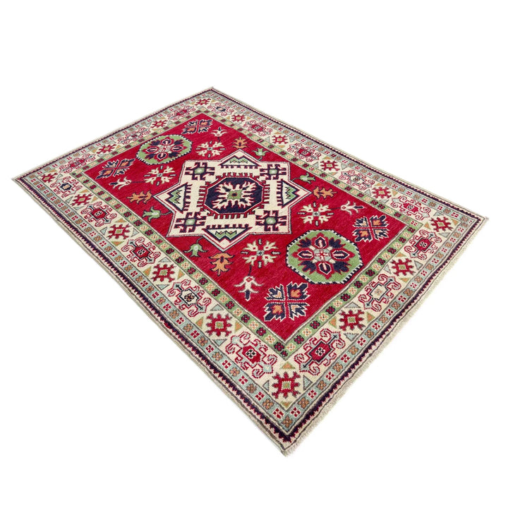 Red Afghan Kazak Rug 3' 3" x 5' 0" Hand-Knotted | No. AL75901