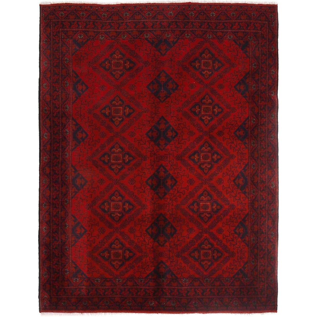 Red Afghan Khal Mohammadi Rug 4' 10" x 6' 5" Hand-Knotted | No. AL75912