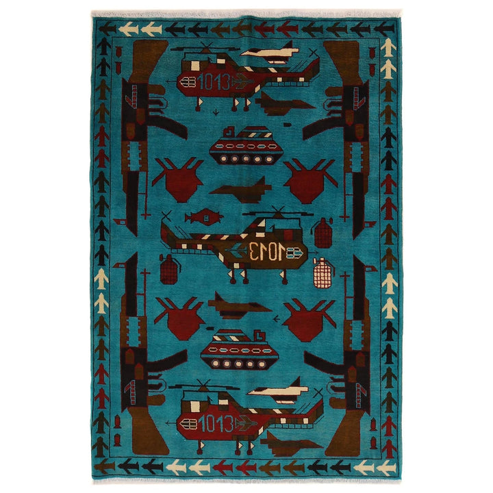 Blue Afghan War Rug 4' 1" x 6' 2" Hand-Knotted | No. AL75958