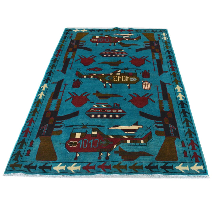Blue Afghan War Rug 4' 1" x 6' 2" Hand-Knotted | No. AL75958