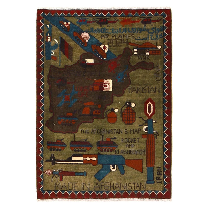 Green Afghan War Rug 2' 8" x 4' 1" Hand-Knotted | No. AL76119