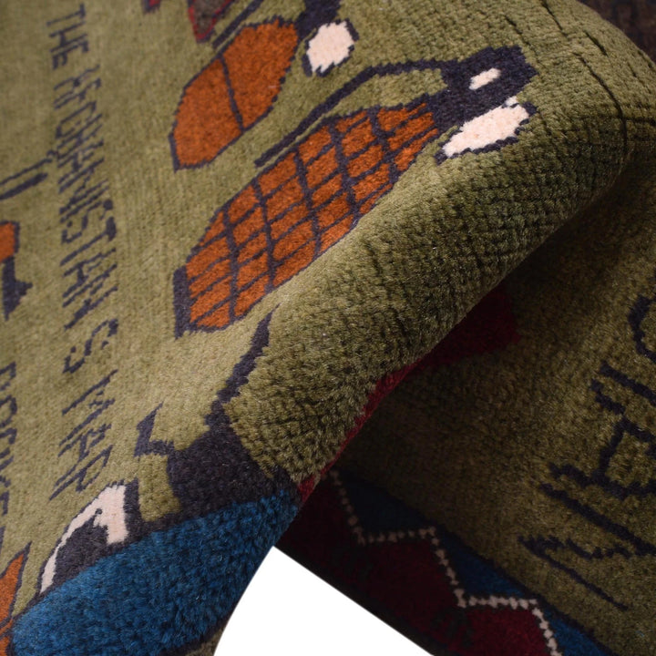 Green Afghan War Rug 2' 8" x 4' 1" Hand-Knotted | No. AL76119