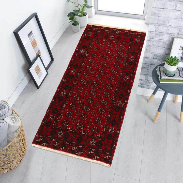 Red Afghan Bokhara Rug 2' 10" x 5' 8" Hand-Knotted | No. AL76212
