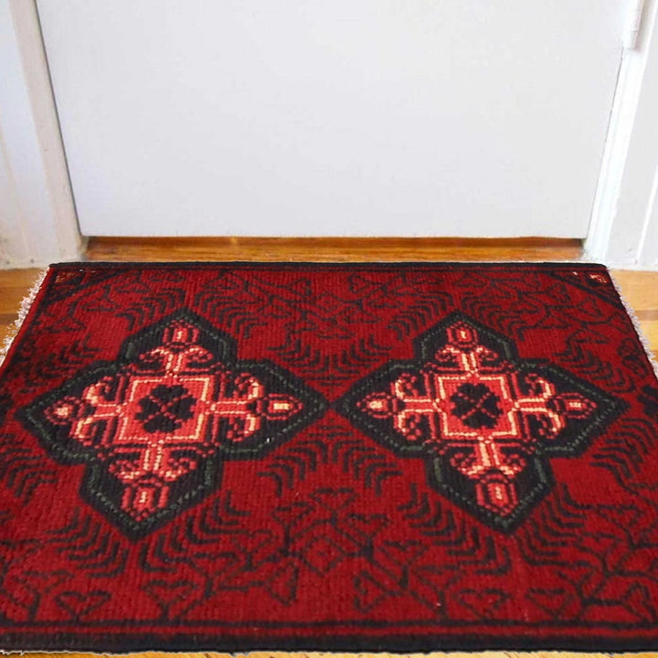 Red Afghan Oriental Doormat 1' 6" x 2' 2" Hand-Knotted | No. AL76248