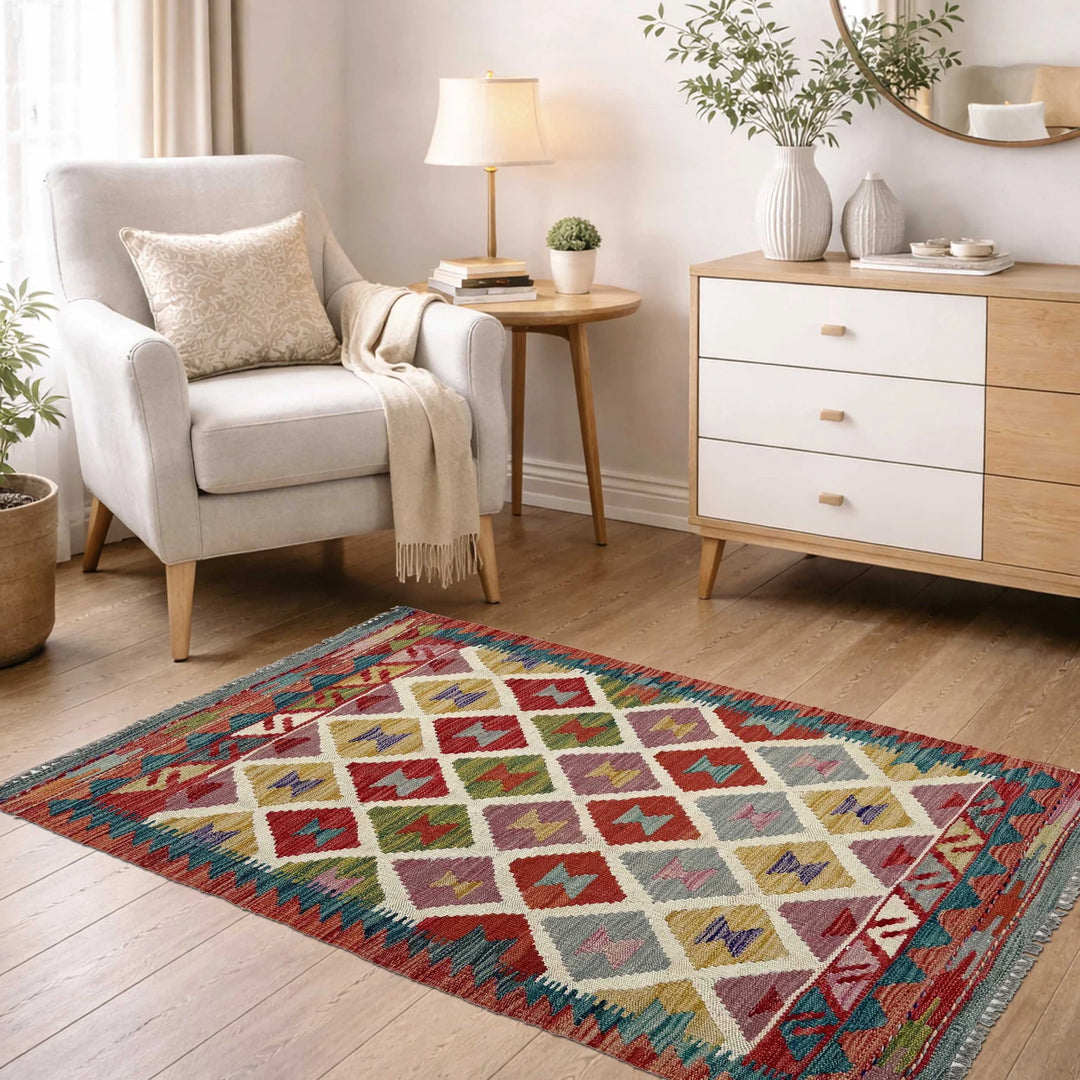 Afghan Vegetable Kilim Rug 2' 4" x 4' 3" Flat-Weave | No. AL763976