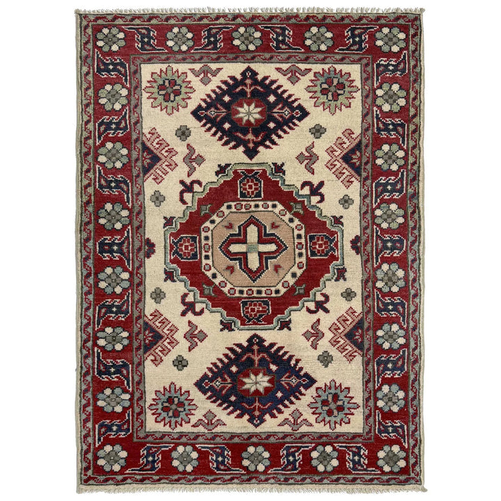 Beige Afghan Kazak Rug 2' 9" x 3' 11" Hand-Knotted | No. AL76439