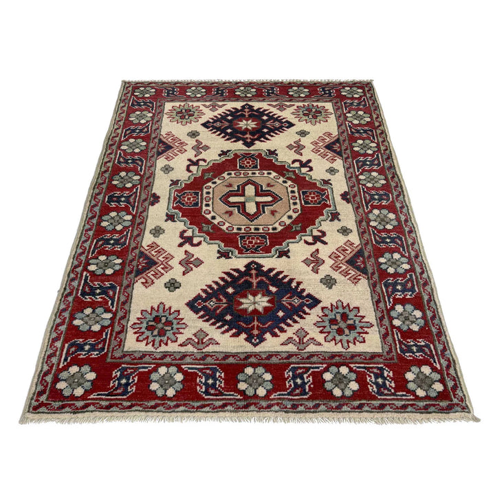 Beige Afghan Kazak Rug 2' 9" x 3' 11" Hand-Knotted | No. AL76439