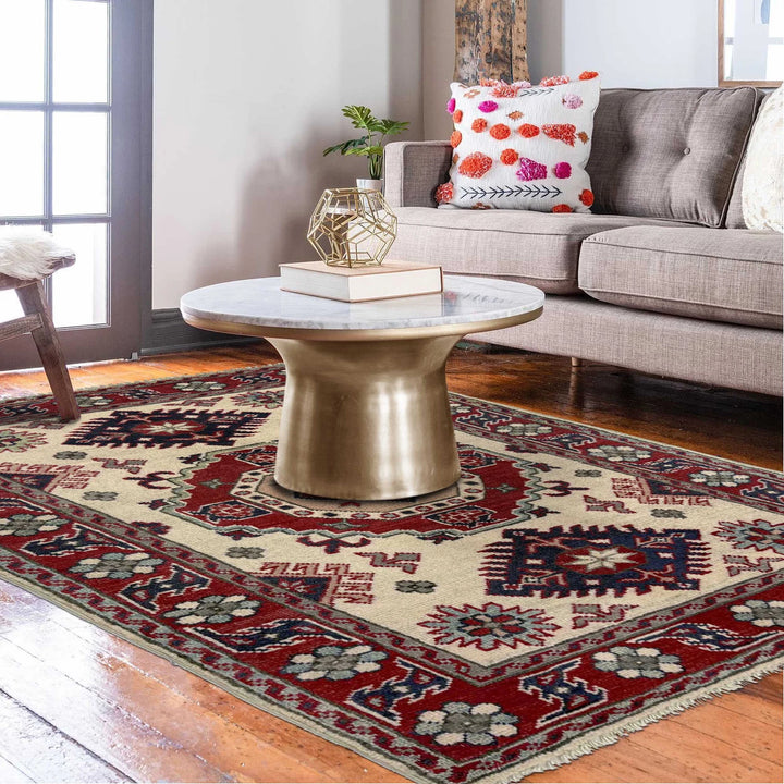 Beige Afghan Kazak Rug 2' 9" x 3' 11" Hand-Knotted | No. AL76439