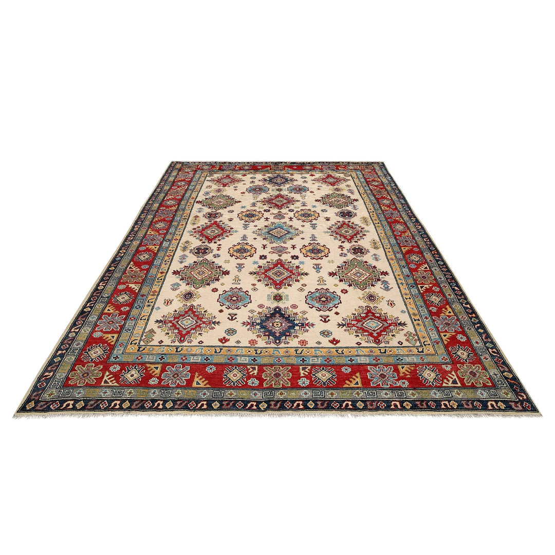 Beige Afghan Kazak Rug 6' 9" x 10' 5" Hand-Knotted | No. AL77048