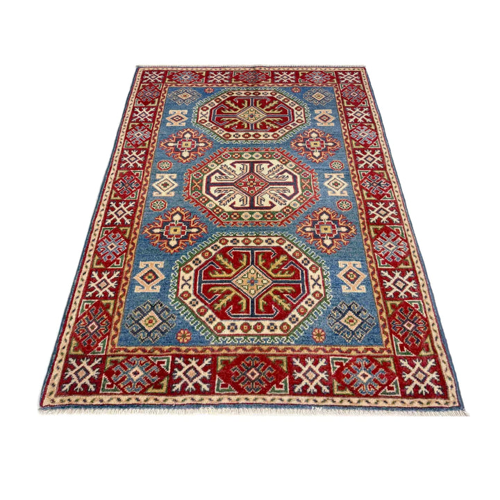 Blue Afghan Kazak Rug 3' 1" x 4' 10" Hand-Knotted | No. AL77094