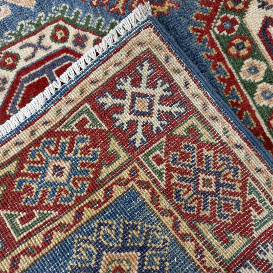 Blue Afghan Kazak Rug 3' 1" x 4' 10" Hand-Knotted | No. AL77094