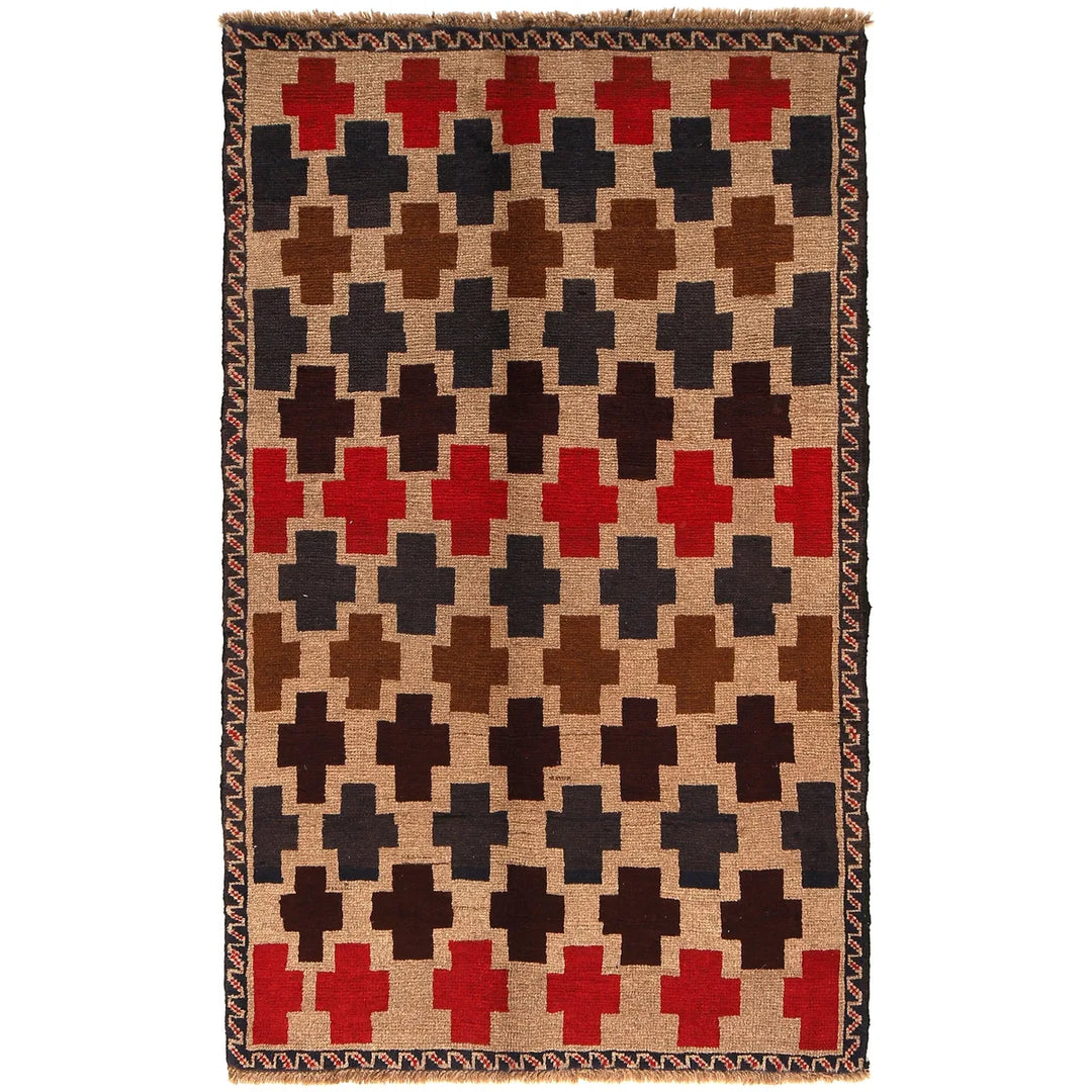 Tan Afghan Baluchi Rug 3' 7" x 5' 12" Hand-Knotted | No. AL77176