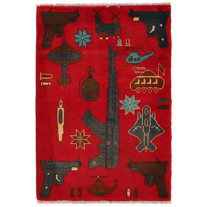 Red Afghan War Rug 2' 0" x 2' 10" Hand-Knotted | No. AL77235