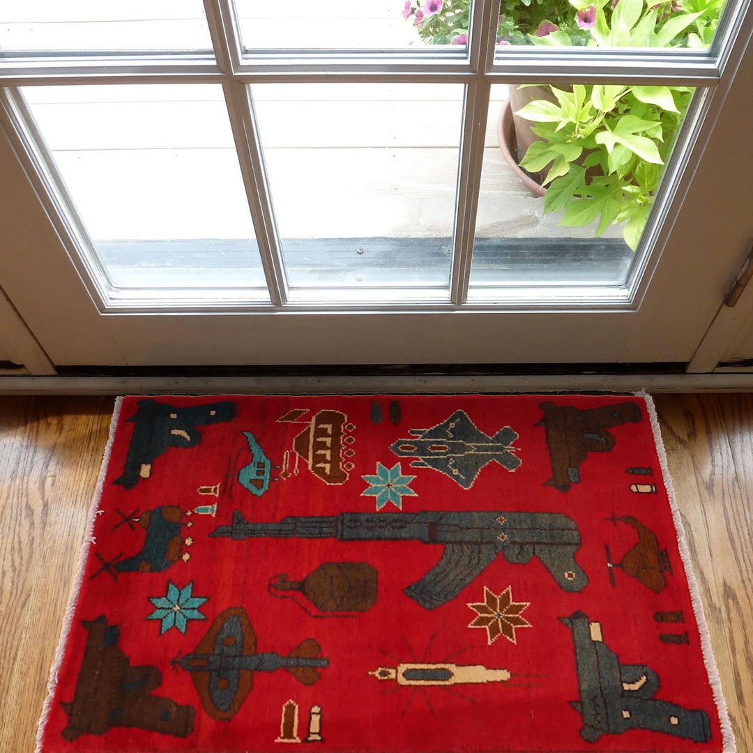 Red Afghan War Rug 2' 0" x 2' 10" Hand-Knotted | No. AL77235